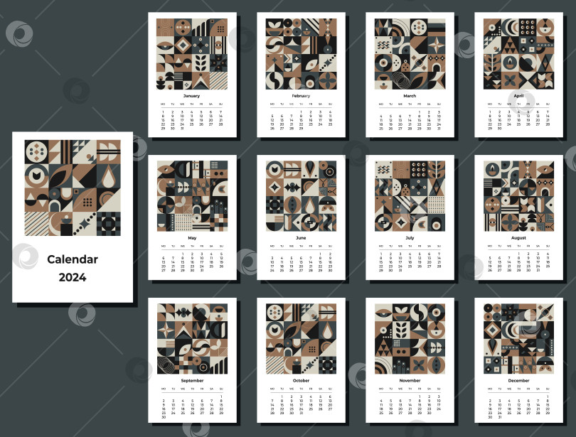 Скачать Календарь на 2024 год с геометрическими узорами. Шаблон ежемесячного календаря на 2024 год с геометрическими фигурами. фотосток Ozero