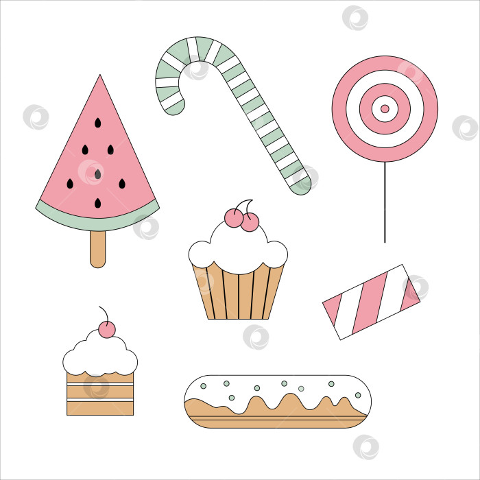 Скачать Набор сладких иконок - леденцы на палочке, пирожные и арбуз. фотосток Ozero