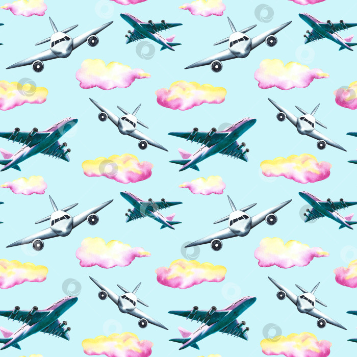 Скачать Бесшовный узор с пассажирскими самолетами и облаками на синем фоне. Акварельная иллюстрация, нарисованная от руки. Предназначен для создания фонов, листовок, баннеров. Для этикеток, упаковки и текстиля. фотосток Ozero