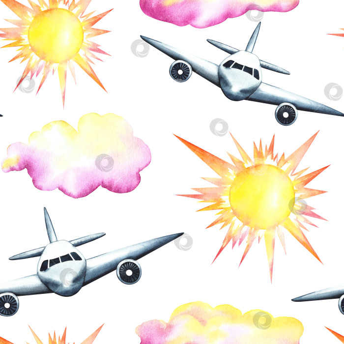 Скачать Бесшовный узор с пассажирскими самолетами, солнцем и облаками на белом фоне. Акварельная иллюстрация, нарисованная от руки. Предназначен для создания фонов, листовок, баннеров. Для этикеток, упаковки и текстиля. фотосток Ozero
