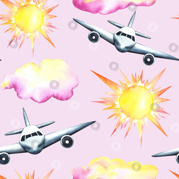 Скачать Бесшовный узор с пассажирскими самолетами, солнцем и облаками на розовом фоне. Акварельная иллюстрация, нарисованная от руки. Предназначен для создания фонов, листовок, баннеров. Для этикеток, упаковки и текстиля. фотосток Ozero