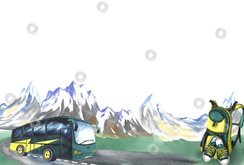 Скачать Пассажир, туристический автобус и походный рюкзак на фоне заснеженных гор. Баннер, акварельная иллюстрация, нарисованная от руки. Предназначен для флаеров, баннеров и открыток. Для приглашения, плаката. фотосток Ozero