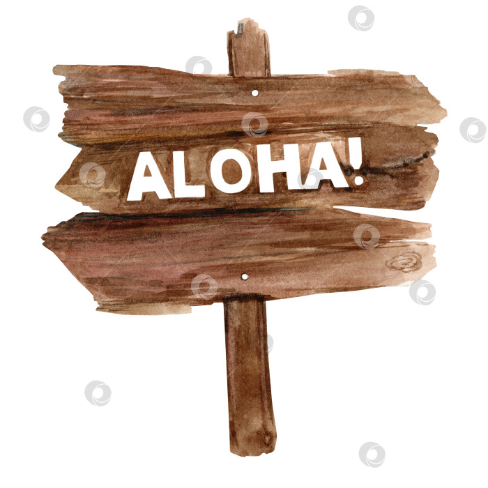 Скачать пляжная деревянная вывеска с надписью Aloha. Акварельная иллюстрация. Изолировать. фотосток Ozero