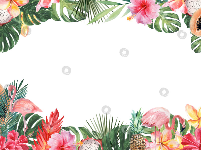 Скачать Яркая сочная иллюстрация на тему тропических растений и пляжного отдыха. Прямоугольная рамка. Акварельный рисунок от руки на белом фоне. фотосток Ozero