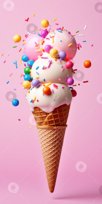 Скачать Мороженое в вафельном рожке с разноцветными конфетами на розовом фоне фотосток Ozero