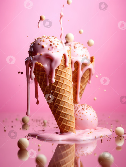 Скачать Мороженое в вафельном рожке с брызгами и каплями на розовом фоне фотосток Ozero