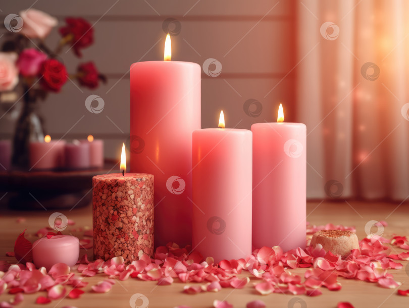 Скачать Горящие розовые свечи с лепестками роз на деревянном столе. Романтический фотосток Ozero