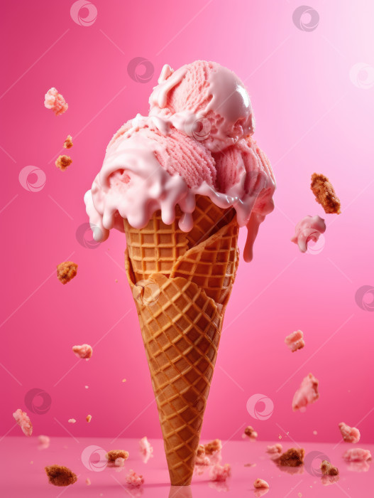 Скачать Мороженое в вафельном рожке, брызги и вафли на розовом фоне фотосток Ozero