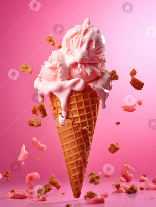 Скачать Мороженое в вафельном рожке, брызги и вафли на розовом фоне фотосток Ozero