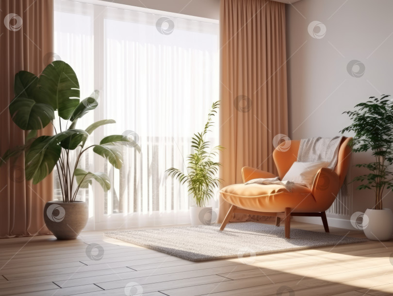 Скачать интерьер с оранжевым креслом, диваном и растениями. мягкое освещение. фотосток Ozero