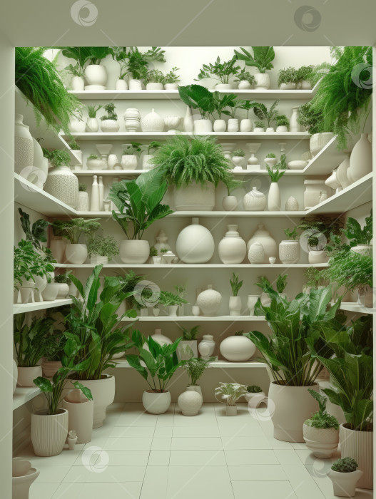 Скачать белые полки с растениями в комнате современного дизайна с белыми стенами фотосток Ozero