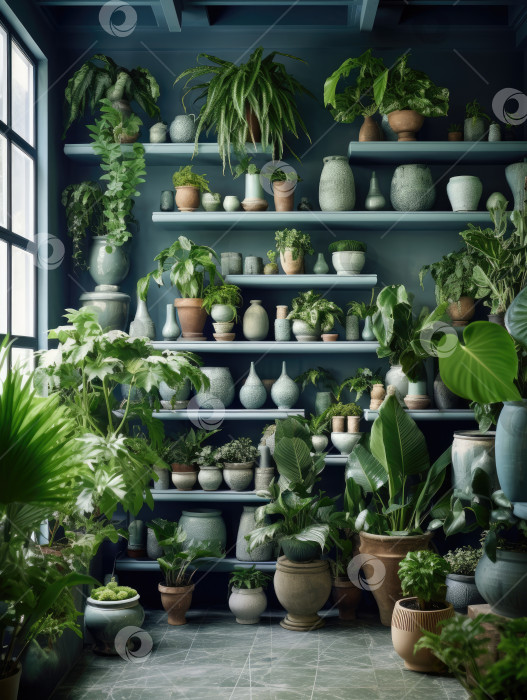Скачать Красивые зеленые растения в горшках на полках в комнате с окном фотосток Ozero