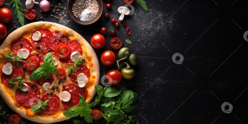 Скачать Пицца с моцареллой, помидорами и базиликом на черном фоне фотосток Ozero