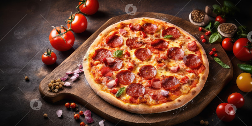 Скачать Пицца с салями, моцареллой и помидорами на темном фоне. фотосток Ozero