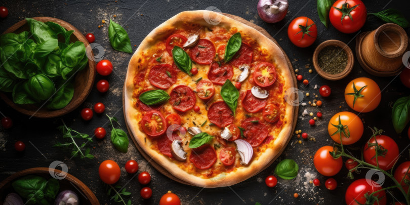 Скачать Пицца с салями, моцареллой и помидорами на темном фоне. фотосток Ozero