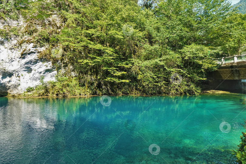 Скачать Аквамариновое озеро окружено скалами с зеленой растительностью.  Голубое озеро. Абхазия фотосток Ozero