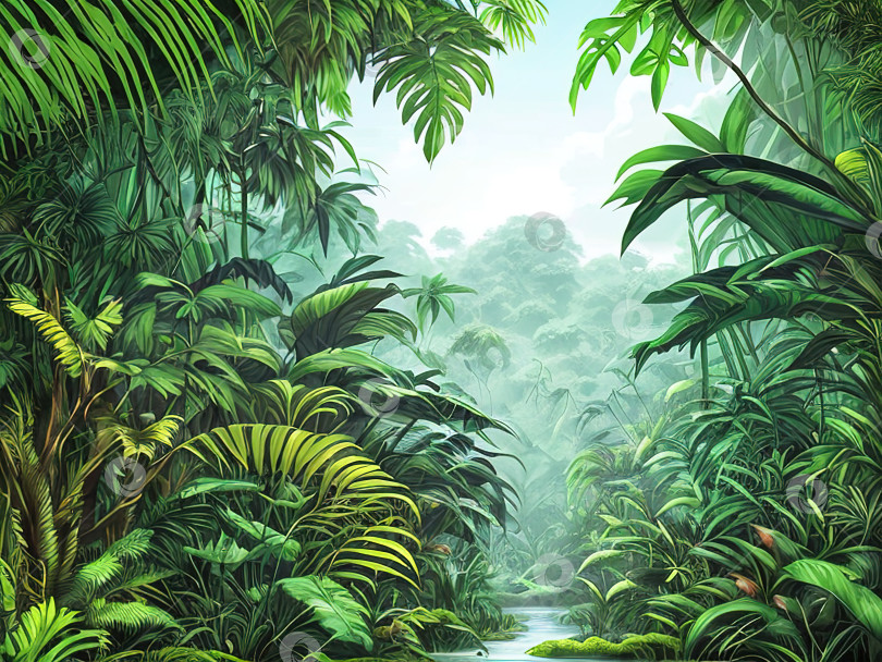 Скачать Свежая экзотическая тропическая ботаническая иллюстрация, пальма, растительный цветочный бордюр на заднем плане. Обои зеленые джунгли тропический лес, зеленые джунгли. место для текста. понятие - экология, окружающая среда. фотосток Ozero