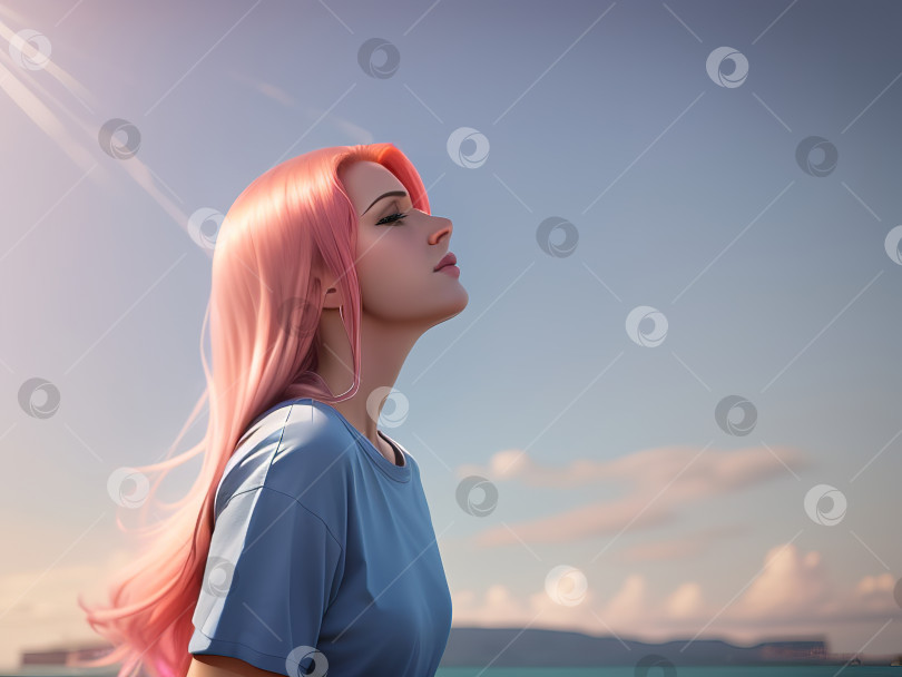 Скачать Генеративный искусственный интеллект. Вид сбоку. Портрет расслабленной молодой женщины с длинными розовыми волосами и в голубой футболке, дышащей свежим воздухом на берегу моря. Океан, скалы, небо на заднем плане. концепция - чистая экология, гармония фотосток Ozero