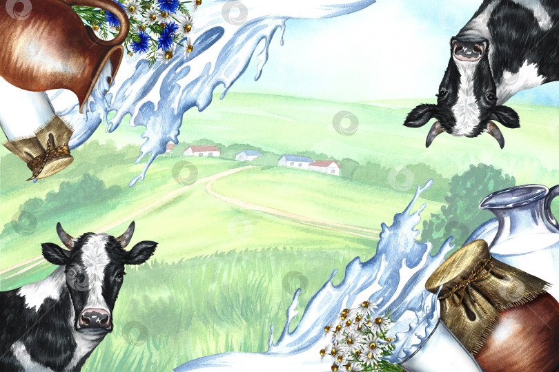 Скачать Молочные продукты в керамической и стеклянной посуде. Портрет коровы. Угловая рамка на фоне сельского пейзажа. Акварельная иллюстрация, нарисованная от руки. Для оформления рекламы, упаковки, флаера. фотосток Ozero