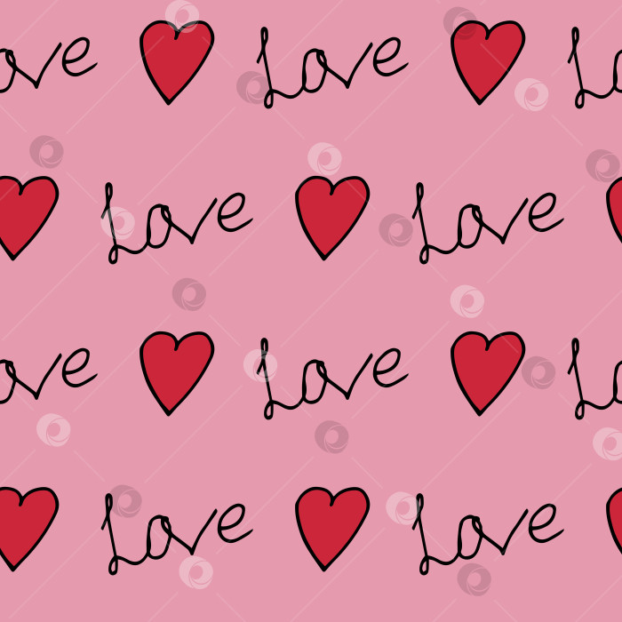 Скачать Бесшовный узор с текстом "Любовь" и красными сердечками на розовом фоне. Векторное изображение. фотосток Ozero