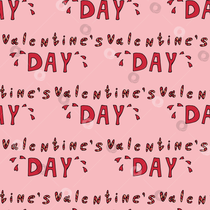 Скачать Бесшовный узор с текстом "День Святого Валентина" и красными сердечками на розовом фоне. Векторное изображение. фотосток Ozero