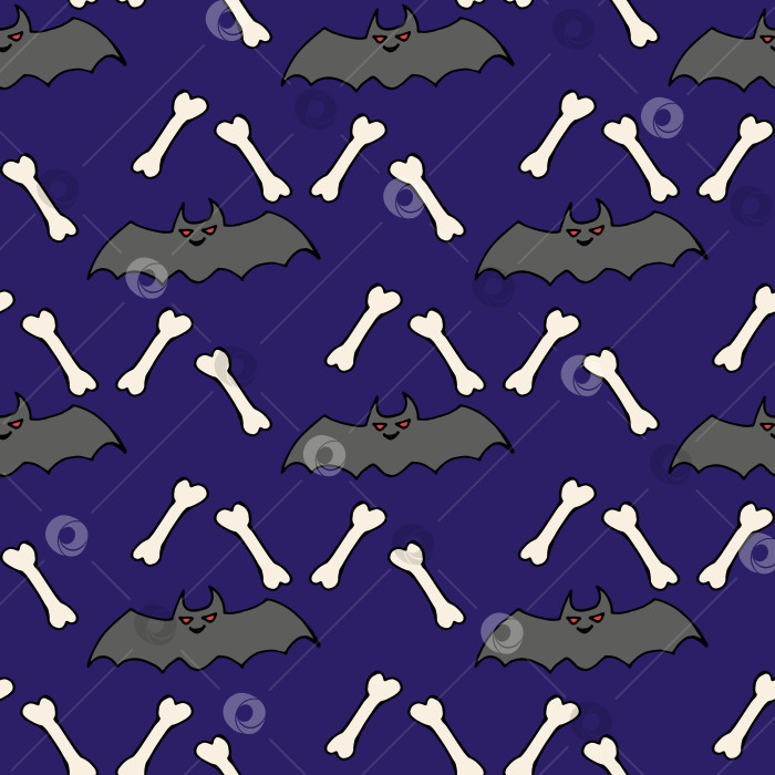 Скачать Бесшовный узор с изображением летучей мыши и костей на фиолетовом фоне. Векторное изображение. фотосток Ozero