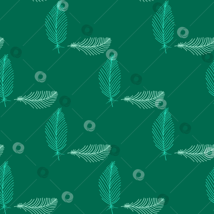 Скачать Бесшовный узор с бирюзовыми перьями на холодном зеленом фоне. Векторное изображение. фотосток Ozero