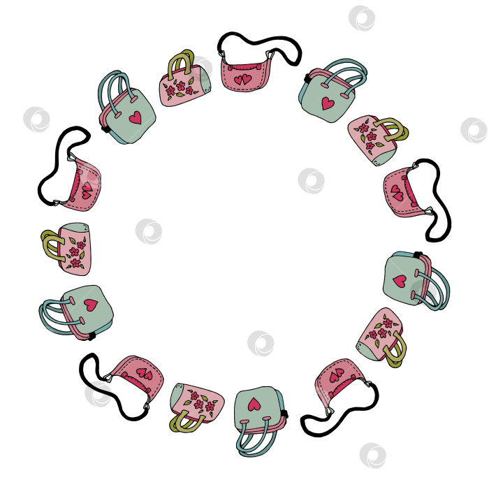 Скачать Круглая рамка с разными сумками на белом фоне. Векторное изображение. фотосток Ozero