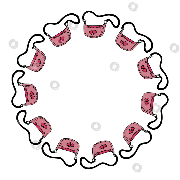 Скачать Круглая рамка с розовой сумкой с двумя розовыми сердечками на белом фоне. Векторное изображение. фотосток Ozero