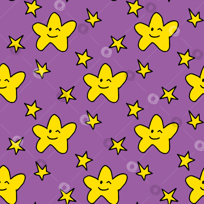Скачать Бесшовный узор с уютными улыбающимися желтыми звездами на фиолетовом фоне. Векторное изображение. фотосток Ozero