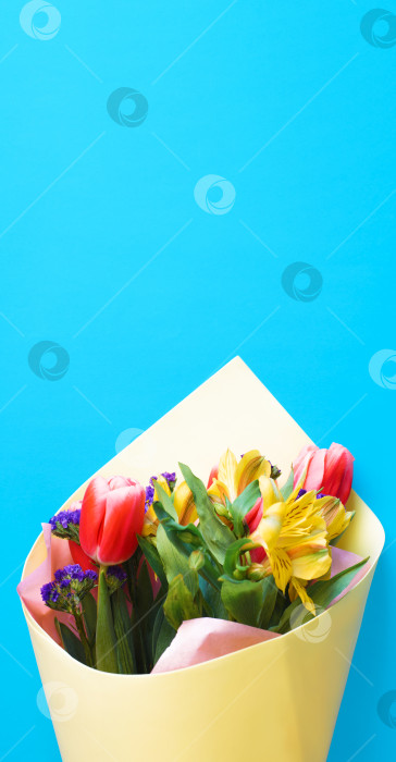 Скачать Оформленный букет цветов на синем фоне, крупным планом. Лилии и тюльпаны. Вертикальная фотография с пространством для копирования. фотосток Ozero