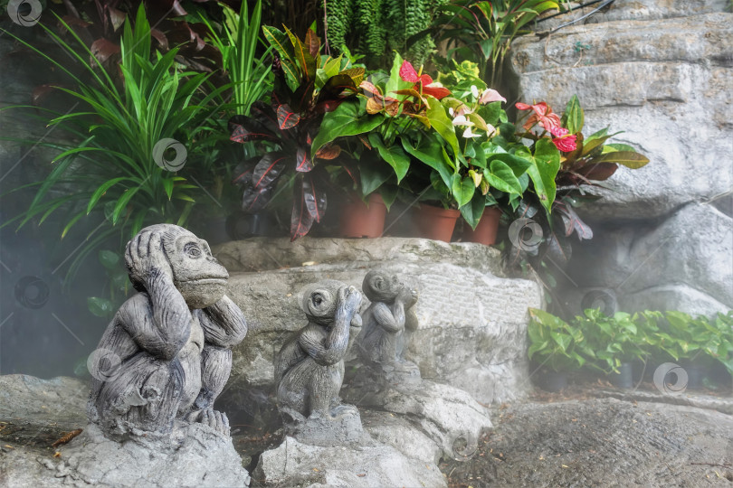 Скачать Каменные фигурки трех обезьян в буддийском храме. фотосток Ozero