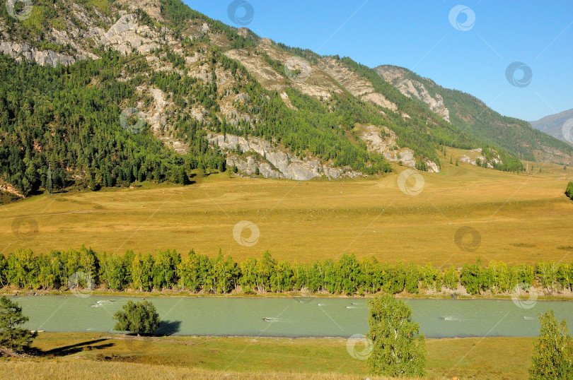 Скачать Вид на живописную долину у подножия высокой горы и протекающую по ней красивую реку. фотосток Ozero
