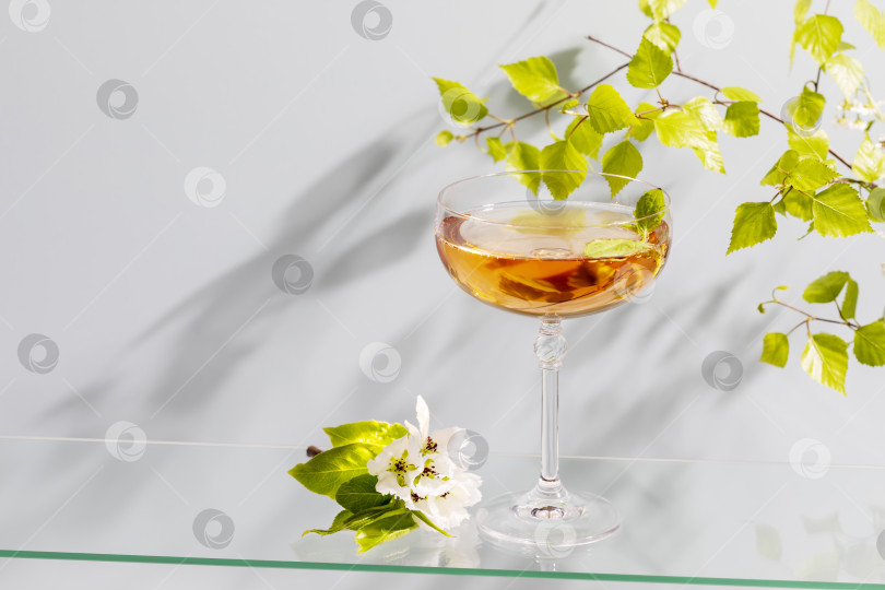Скачать Бокал яблочного вина или сидра с мятой и яблоневыми цветами на синем фоне фотосток Ozero