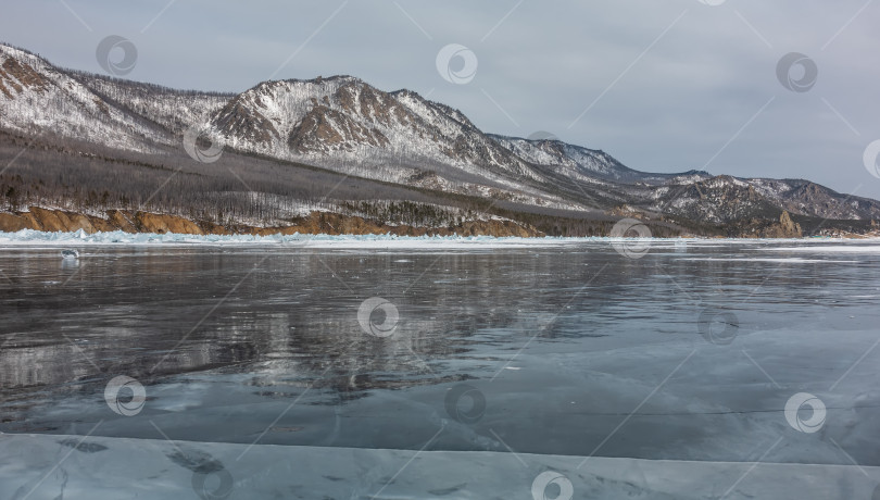 Скачать Осколки льда лежат на замерзшем озере. Глыбы торосов у берега. фотосток Ozero