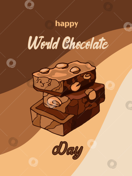 Скачать Аппетитные кусочки молочного шоколада с орехами. Отпразднуйте всемирный день шоколада с помощью надписей. Векторная иллюстрация десерта в винтажном стиле. Для веб-сайта, открытки, баннера, плаката. фотосток Ozero