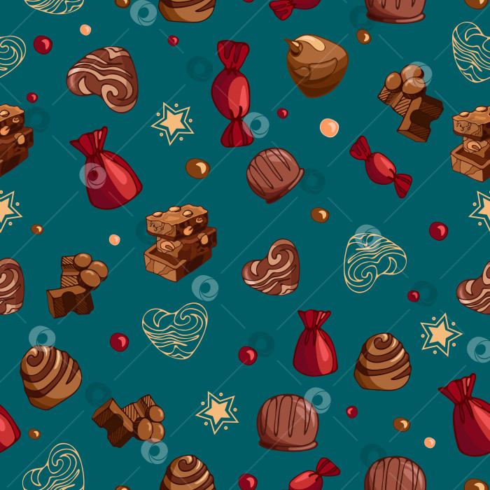 Скачать Рождественский узор, вкусные кусочки молочного шоколада, конфеты, драже. Иллюстрация к десерту. фотосток Ozero