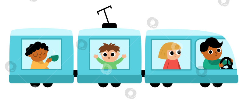 Скачать Векторный синий поезд с водителем и пассажирами. Забавный электрический тра фотосток Ozero