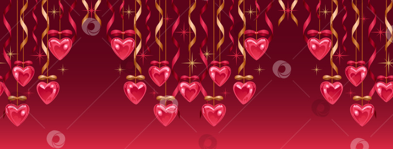 Скачать Бесшовная кайма на день святого Валентина. Сияющие сердечки, золотые и красные ленты и банты, звезды. люблю тебя. Яркая горизонтальная векторная иллюстрация в реалистичном стиле. Для рекламного баннера, веб-сайта фотосток Ozero