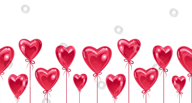 Скачать Бесшовная кайма на день святого Валентина. воздушные шары в форме сердца. На белом фоне. люблю тебя. Яркая горизонтальная векторная иллюстрация, реалистичный стиль. Для рекламного баннера, веб-сайта, рекламной листовки фотосток Ozero