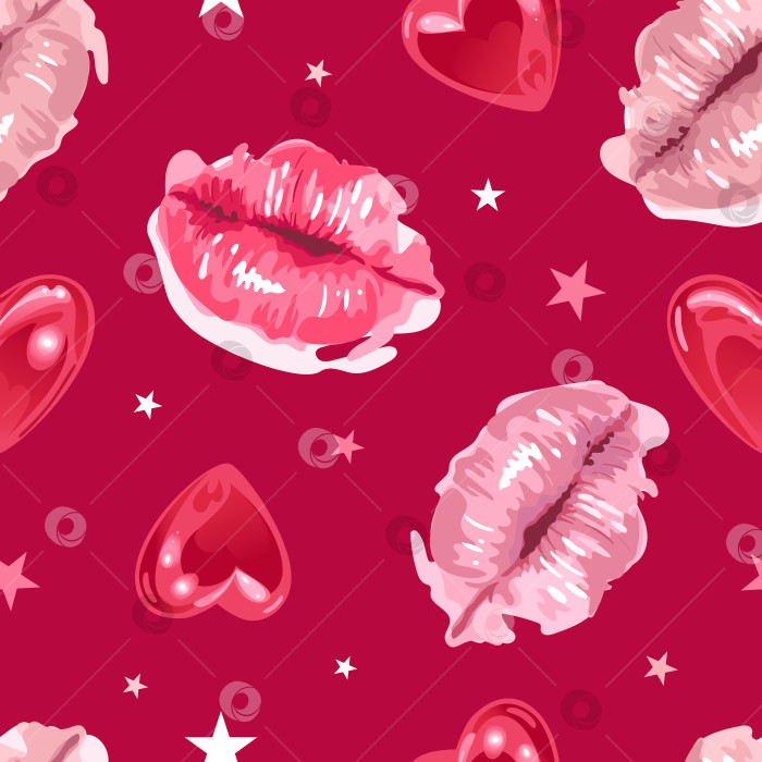 Скачать День Святого Валентина. Блестящие губы в акварельном стиле и сияющие воздушные шарики в форме сердца, звезды. Яркий бесшовный узор. Для обоев, печати на ткани, обертывания, фона фотосток Ozero