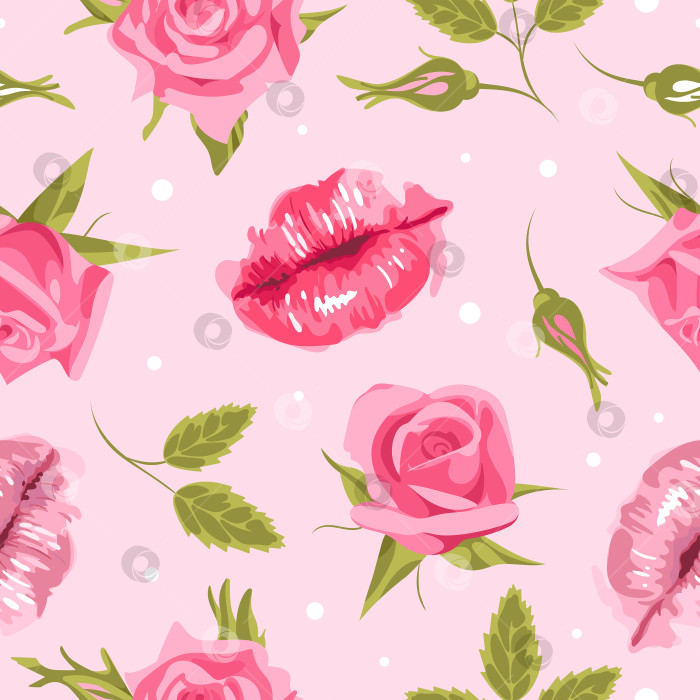 Скачать День Святого Валентина. губы и розы. Элегантный бесшовный узор из английских розовых роз в винтажном стиле. Для свадеб, обоев, печати на ткани, упаковки. фотосток Ozero
