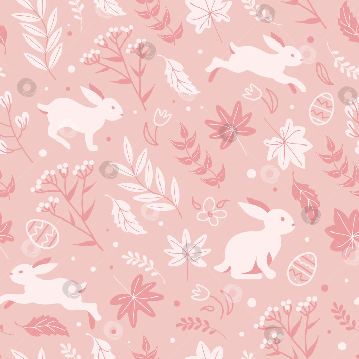 Скачать Очаровательные кролики прыгают по весеннему лугу, поздравляя с Пасхой. Бесшовный монохромный розовый узор из шоколадных яиц, маргариток и тюльпанов. мультяшный стиль. Для обоев, печати на ткани, обертывания. фотосток Ozero
