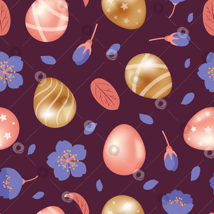Скачать счастливой пасхи. Золотистые и розовые шоколадные яйца со звездами и полосками. Весенние цветы, незабудки. Бесшовный узор. иллюстрация в реалистичном стиле. Для обоев, ткани, упаковки, фона. фотосток Ozero