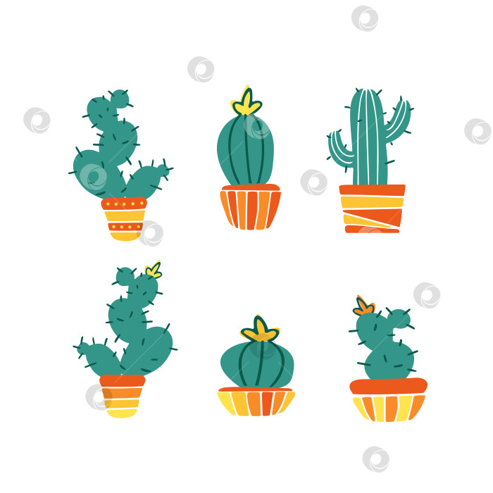 Скачать Набор домашних растений. Мексиканские кактусы в горшках, цветы. Яркая летняя векторная плоская иллюстрация. Изолированные элементы дизайна на белом фоне. Для наклеек, плакатов, открыток, баннеров. Комнатное растение фотосток Ozero