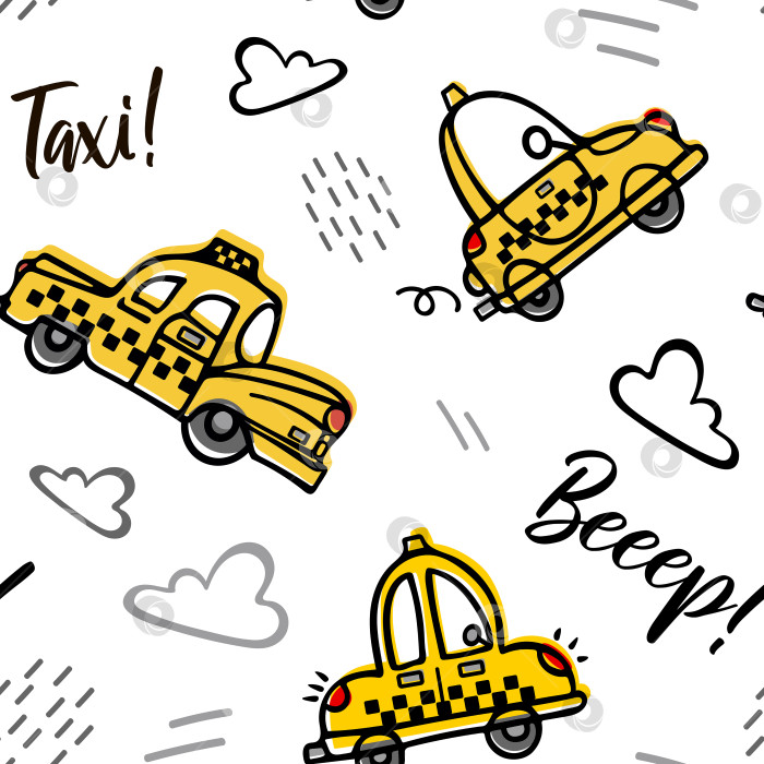 Скачать Симпатичные мультяшные желтые ретро-такси летят среди облаков на белом фоне. Детская мультяшная иллюстрация в стиле каракулей. Для мальчиков, детская комната, футболки, одежда, упаковка. фотосток Ozero