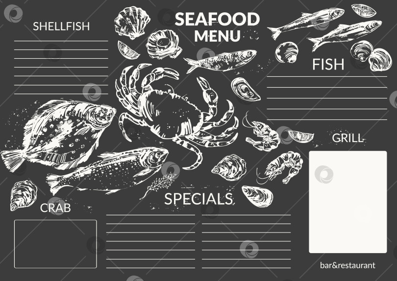Скачать Нарисованные от руки мелом морепродукты, эскиз рыбы, фон меню фотосток Ozero