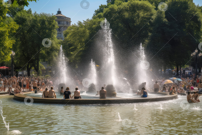 Скачать Люди освежаются в воде фонтана жарким летом фотосток Ozero