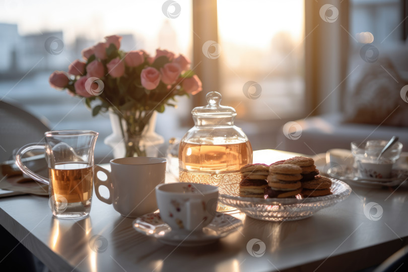 Скачать Сервировка стола для завтрака с выпечкой и чаем фотосток Ozero
