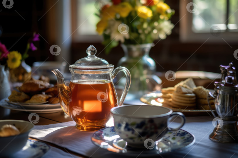 Скачать Сервировка стола для завтрака с выпечкой и чаем фотосток Ozero